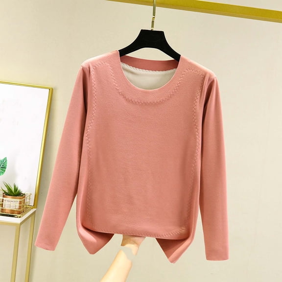 Elvqul Womens Winter Spring Shirts Thermal Tops Pink Solid Basic Underwear Long Sleeve Shirts for Women Crewneck