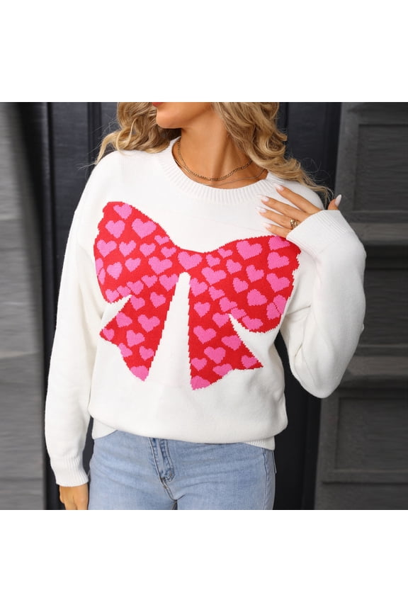 Womens Winter Sweaters Bow Print Thick Warm Pullover White Fashion Knitted Trendy Blouse for Women Long Sleeve
