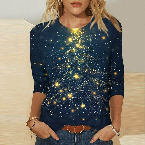 Elvqul Womens Winter Tops Dressy Shirts Print 3/4 Sleeve Plus Size Crewneck Tops for Women Christmas