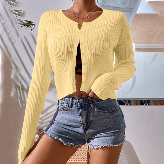 Elvqul Womens Yellow Cardigans Long Sleeve Plain Soft Ladies Sweater for Women Cropped Comfy Button up Fall Crew Neck Clothing Tops