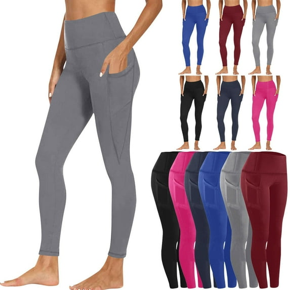 POTETI Womens Yoga Pants Black Stretch Casual Yoga Leggings with Pockets Solid Color Athletic Pants for Ladies High Waist