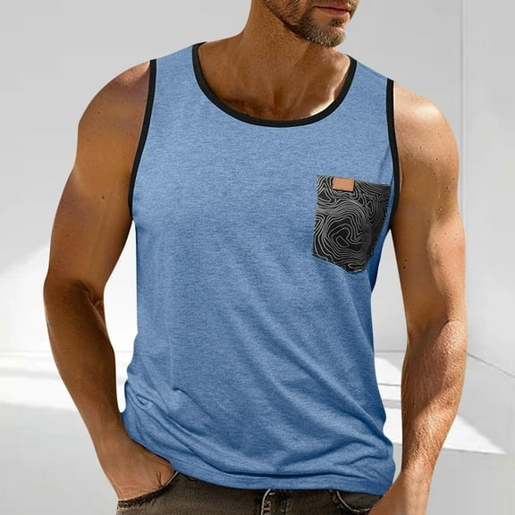 Elvqul Workout Tank Tops for Men Printed Shirts Summer Light Blue with Pocket Round Neck Pullover Mens T-Shirts Sleeveless