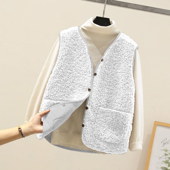 Elvqul with Pockets Vests for Women White Plus Size Jackets Button Down Winter Solid Color Ladies Waistcoat Fleece