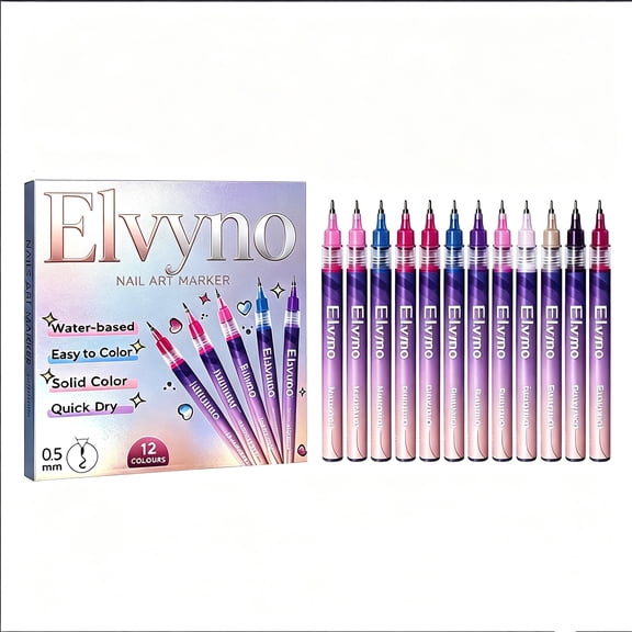 Elvyno 12 Colors Nail Art Marker Set, 0.5mm Fine Tip Water Based Drawing Liner Pens for DIY Manicure Salon Nail Decorations