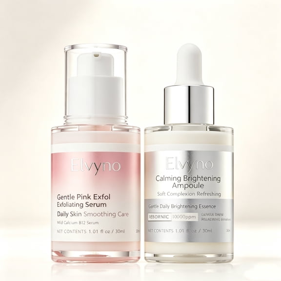 Elvyno Dual Facial Serum Set, Gentle Pink Exfoliating Serum & Calming Brightening Ampoule, Mild Calcium B12 Daily Skin Care Essence for Soft Smooth Complexion, 2 Bottles 30ml Each