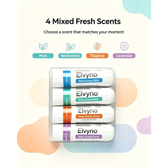 Elvyno Nose Aroma Stick 4 Pack, 2-In-1 Portable Aromatherapy Nasal Inhaler with Mint Wintermint Tropical Lavender Essential Oil Scents