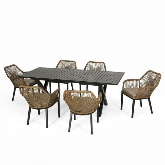Elwell Wicker Outdoor 7 Piece Dining Set with Cushion, Matte Black, Light Brown and Beige