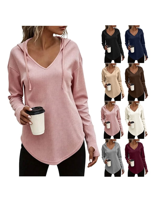 Hooded Tunic Tops for Women Long Sleeve Ribbed Knit Drawstring Curved Hem Blouse Loose Fit