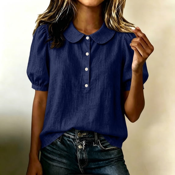 Elwylmiz Women's Henley Tops Peter Pan Collar Short Sleeve Blouses Loose Fit Casual Cute Shirts
