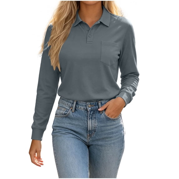 Elwylmiz Women's Long Sleeve Tops Collared Polo Shirts with Pocket Slim Fit Casual Work Office Athletic Basic Shirt