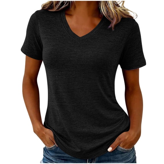Elwylmiz Women's V Neck T Shirt Short Sleeve Basic Tee Tops Casual Soft Comfy Summer Fall Shirts