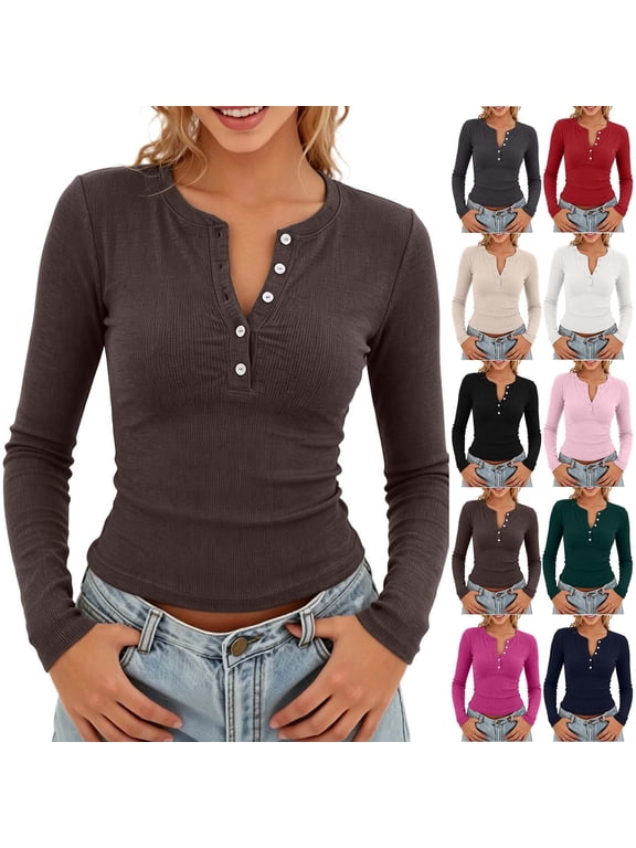 Womens Long Sleeve Henley Tops Ribbed Knit Button Front Slim Fit Casual Basic Shirt