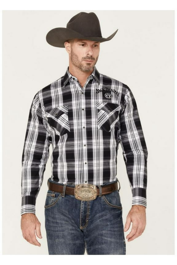 Ely Walker Men's Jack Daniel's Plaid Print Long Sleeve Snap Western Shirt Black Medium