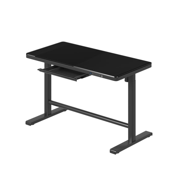 Elynnic Smart Standing Desk with charging ports and drawer - Black Frame - Black Tempered Glass Top