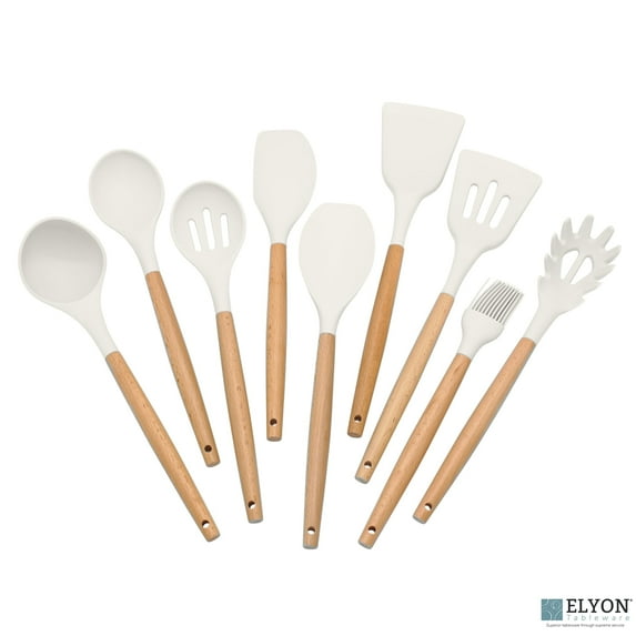 Elyon Tableware 9 Piece White Colored Silicone Kitchen Utensils Set with Wooden Handles