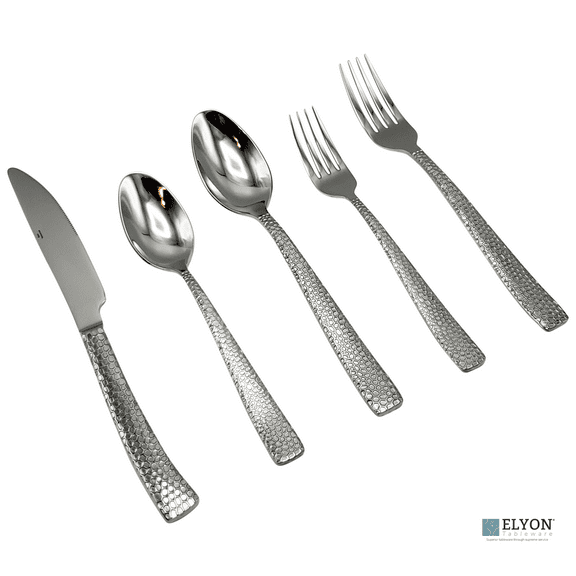 Elyon Crown Hammered 20-Piece Reflective Silver Flatware Set, Stainless Steel, Service For 4