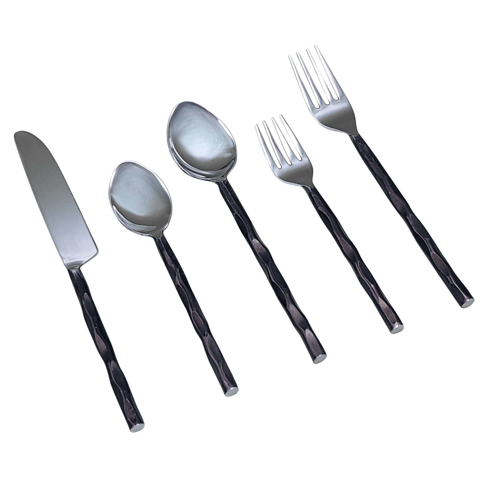 Elyon Diamond Reflective Black 20 Piece Flatware Set Indian Artisan-Made Set Hand-Forged Stainless Steel Service for 4