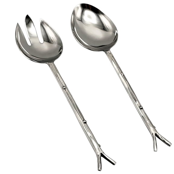 Elyon Hasanpur Reflective Silver Salad Serving Set Indian Artisan-Made Hostess Set Hand-Forged Stainless Steel 2 Pieces
