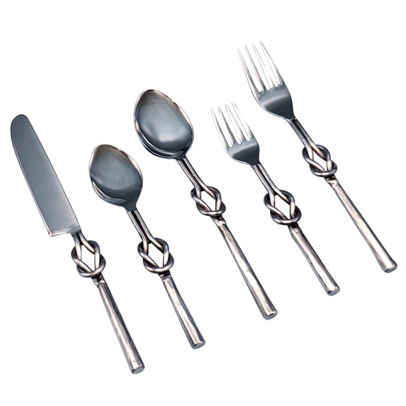 Elyon Reef Knot Reflective Silver 20 Piece Flatware Set Indian Artisan-Made Set Hand-Forged Stainless Steel Service for 4