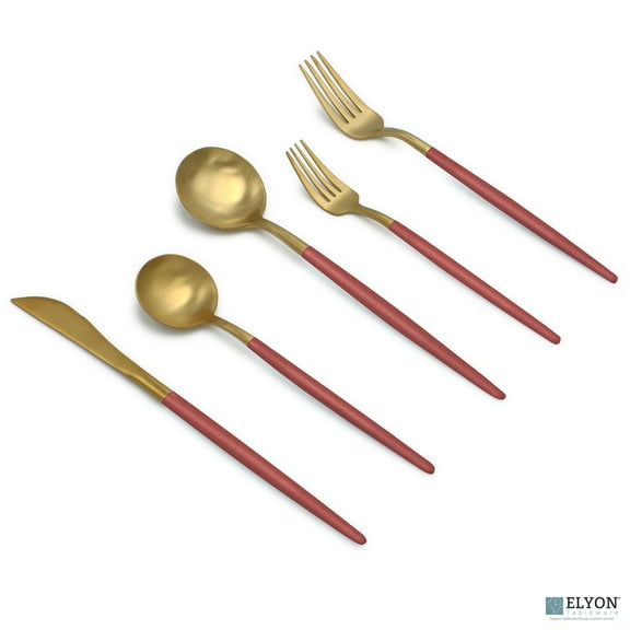 Elyon Tableware 20-Piece Matte Gold Rose Flatware Set, Stainless Steel, Rose Thin Handles, Service For 4
