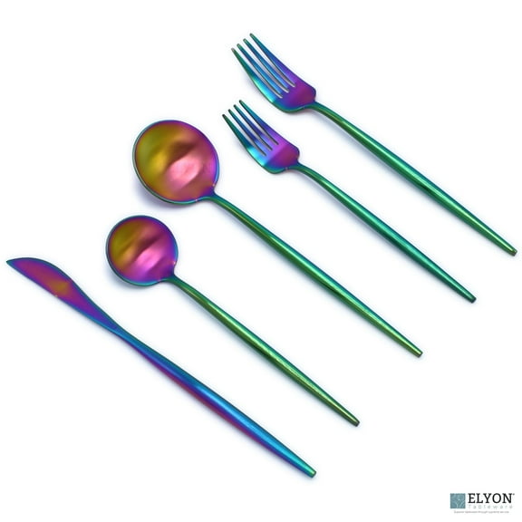 Elyon Tableware 20-Piece Matte Rainbow Flatware Set, Stainless Steel, Thin Handles, Service for 4