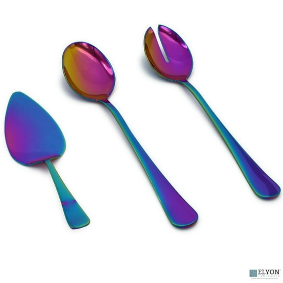 Elyon Tableware 3 Piece Reflective Rainbow Colored Stainless Steel Salad Servers