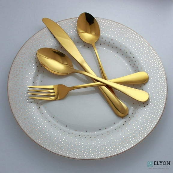 Elyon Tableware 32-Piece Gold Flatware, Stainless Steel Silverware Set, Reflective Mirror Finish Cutlery Set, Reusable Dishwasher Safe, Service for 8