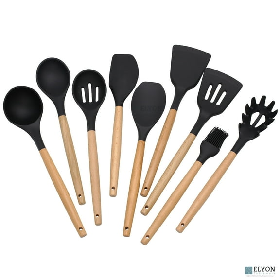 Elyon Tableware 9-Piece Black Colored Silicone Kitchen Utensils Set with Wooden Handles