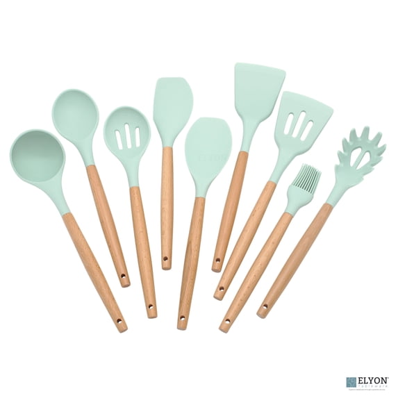 Elyon Tableware® 9-Piece Mint Green Colored Silicone Kitchen Utensils Set with Wooden Handles