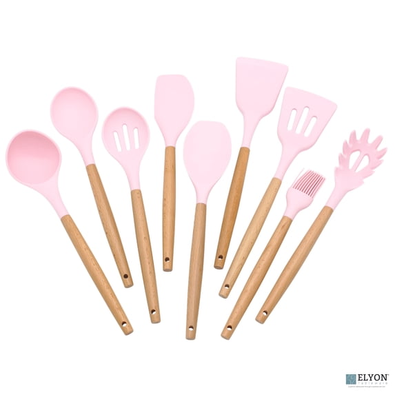 Elyon Tableware® 9-Piece Pink Silicone Kitchen Utensils Set with Wooden Handles