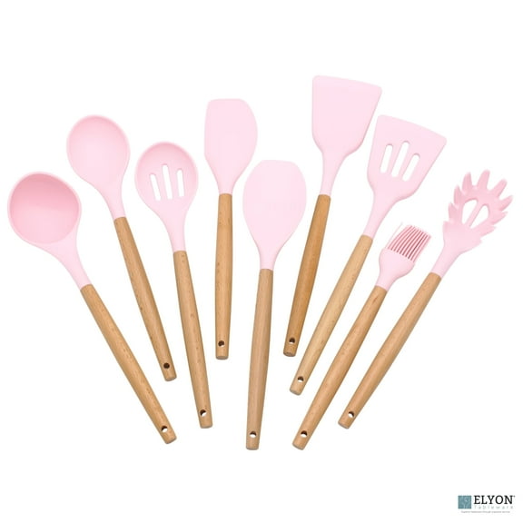 Elyon Tableware 9-Piece Pink Silicone Kitchen Utensils Set with Wooden Handles