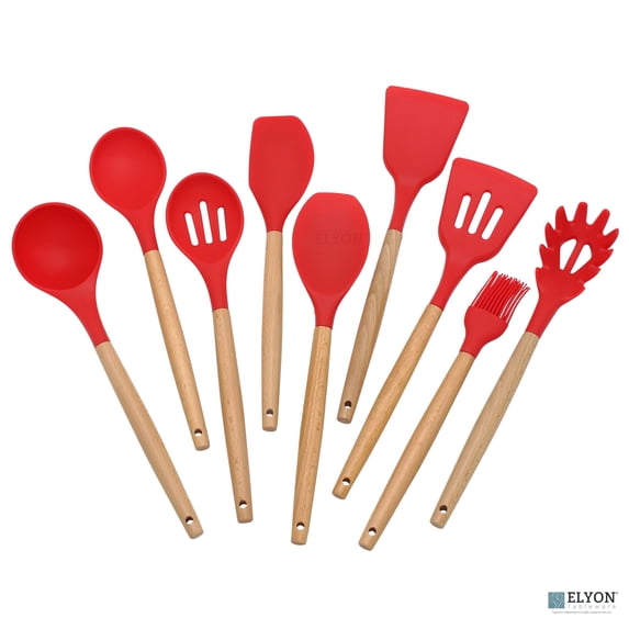 Elyon Tableware® 9-Piece Red Colored Silicone Kitchen Utensils Set with Wooden Handles