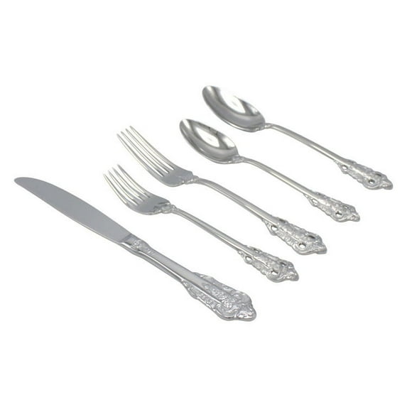 Elyon Tableware Baroque Reflective Silver 20 Piece Flatware Set Silverware Stainless Steel, Service For 4
