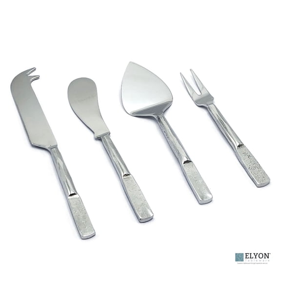 Elyon Tableware Carbery Reflective Silver 4 Piece Cheese Knife Set Indian Artisan-Made Set Hand-Forged Stainless Steel