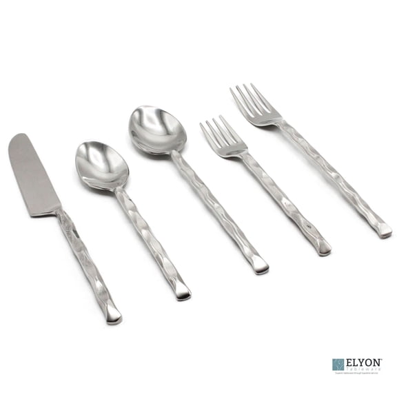 Elyon Tableware Diamond Tip Reflective Silver 20 Piece Flatware Set Indian Artisan-Made Set Hand-Forged Stainless Steel Service for 4