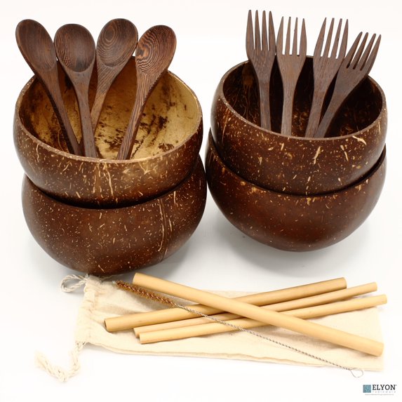 Elyon Tableware® Handcrafted Natural Coconut Bowl, Gift Set of 4 Jumbo Bowls, 4 Wooden Spoons, 4 Wooden Forks, and 4 Bamboo Straws, Eco-Friendly, 100% Organic Coconut Shell, Service for 4