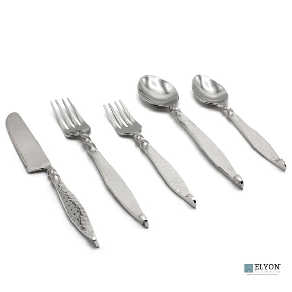 Elyon Tableware Rosman Hammered Reflective Silver 20 Piece Flatware Set Indian Artisan-Made Set Hand-Forged Stainless Steel Service for 4
