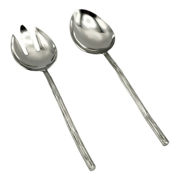 Elyon Twig Reflective Silver Salad Serving Set Indian Artisan-Made Hostess Set Hand-Forged Stainless Steel 2 Pieces