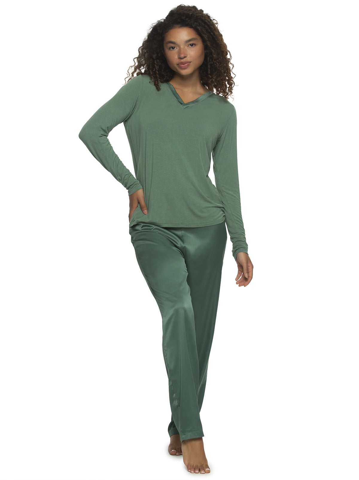 Elysees Long Sleeve Knot Top with Satin Tapered Pant Set | Felina | Pajama  Set (Dark Forest, Medium)