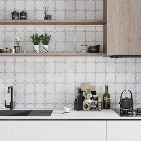 Elysian 11 x 11 in. Polished White, Gray Marble, Glass Mosaic Floral, Star Wall and Floor Tile (4.28 sq ft/case) - 5 Pack