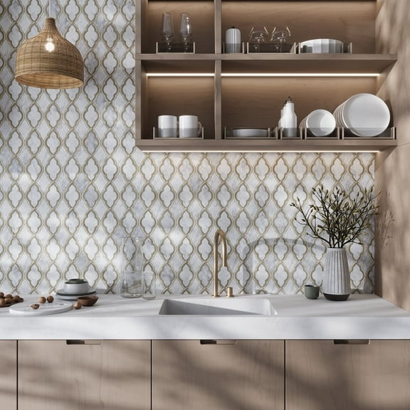 Elysian 14 x 14 in. Polished White, Bianco Carrara, Wooden and Athens Grey marble Mosaic Arabesque Tile (7 sq ft/case) - 5 Pack