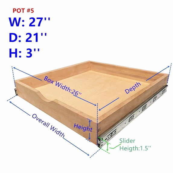 26'' Width Pull-Out For Kitchen Cabinet Pantry Organizer Wood Roll out Tray Drawer Box Cab. Slide Out Shelve Shelf, Include Full Extension Ball Bearing Sliding Rails