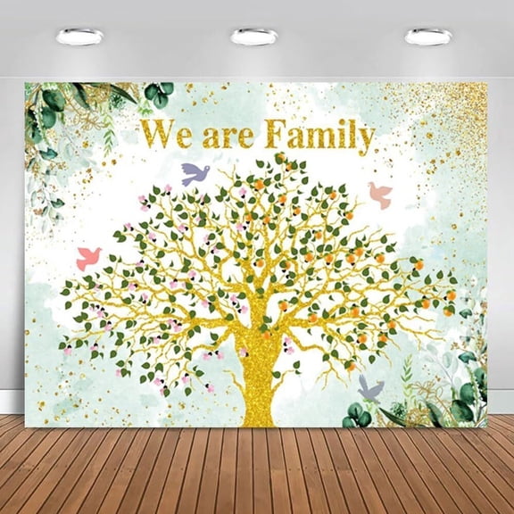 Elyvra 3x5ft Family Reunion Backdrop, We are Family Golden Glitter Tree Photography Background, Birds Green Eucalyptus Leaves, Home Party Welcome Banner Photo Shoot Props