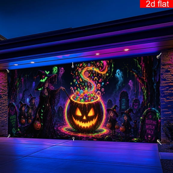 Elyvra 3x5ft Neon Halloween Backdrop, Spooky Witch Pumpkin Cauldron Photo Background, Fabric Graveyard Party Decoration Banner