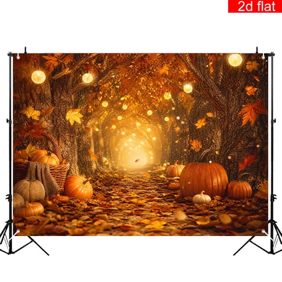Elyvra 3x5ft Polyester Fall Thanksgiving Photography Backdrop with 2D Flat Forest Woods Path Glowing Bokeh Lights Fallen Leaves Pumpkin Background