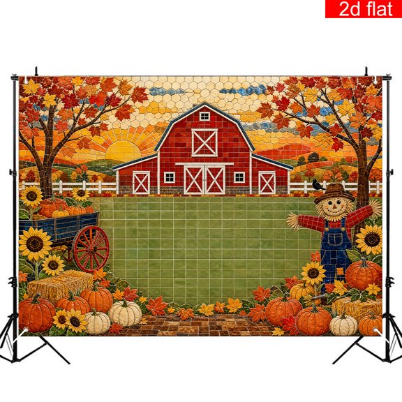 Elyvra 4x6ft Polyester Fall Thanksgiving Photography Backdrop with Mosaic Tile Red Barn Scarecrow Pumpkin Patch Sunflower Grid Art Studio Background