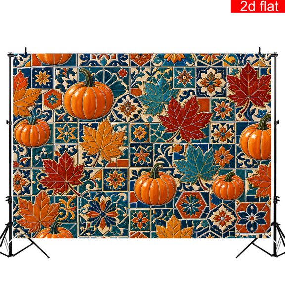 Elyvra Autumn Mosaic Tile Backdrop Fall Pattern Pumpkin Maple Leaves Background 2D Flat for Thanksgiving Party Photo Studio Vinyl 3x5ft