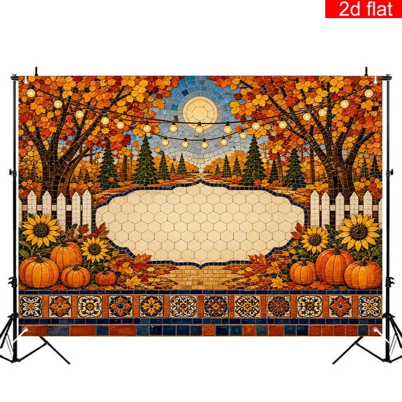 Elyvra Autumn Mosaic Tile Backdrop Fall Pumpkin Sunflower Photo Background with Blank Hexagon Sign for Thanksgiving Party Studio 4x6ft