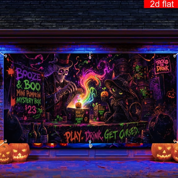 Elyvra BrandName 3x5ft Glow in the Dark Halloween Backdrop, Neon Black Cat Skeleton Banner for Blacklight Party Decorations