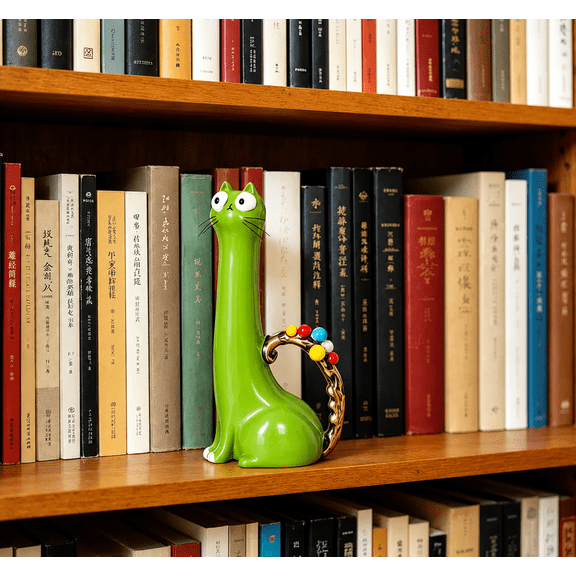 Elyvra Cat Vase, Cute Kitty Planter Resin Figurine, Small Decorative Flower Pot for Home Office Desk Bookshelf, Green